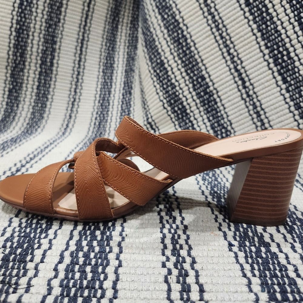 Clarks Collection Tan Leather Multi Strap Block Heel Slide Sandals Women 8.5 M - Picture 8 of 13
